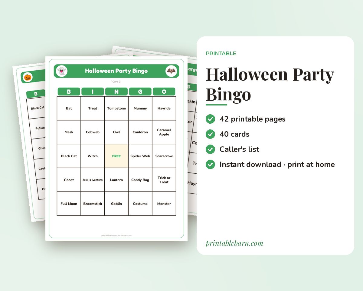 Halloween Party Bingo: 40 Printable Cards (Regular + Large Print) printable preview 1