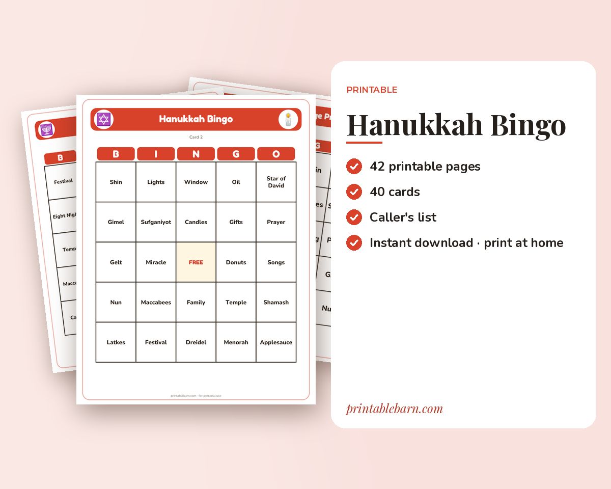 Hanukkah Bingo: 40 Printable Cards (Regular + Large Print)