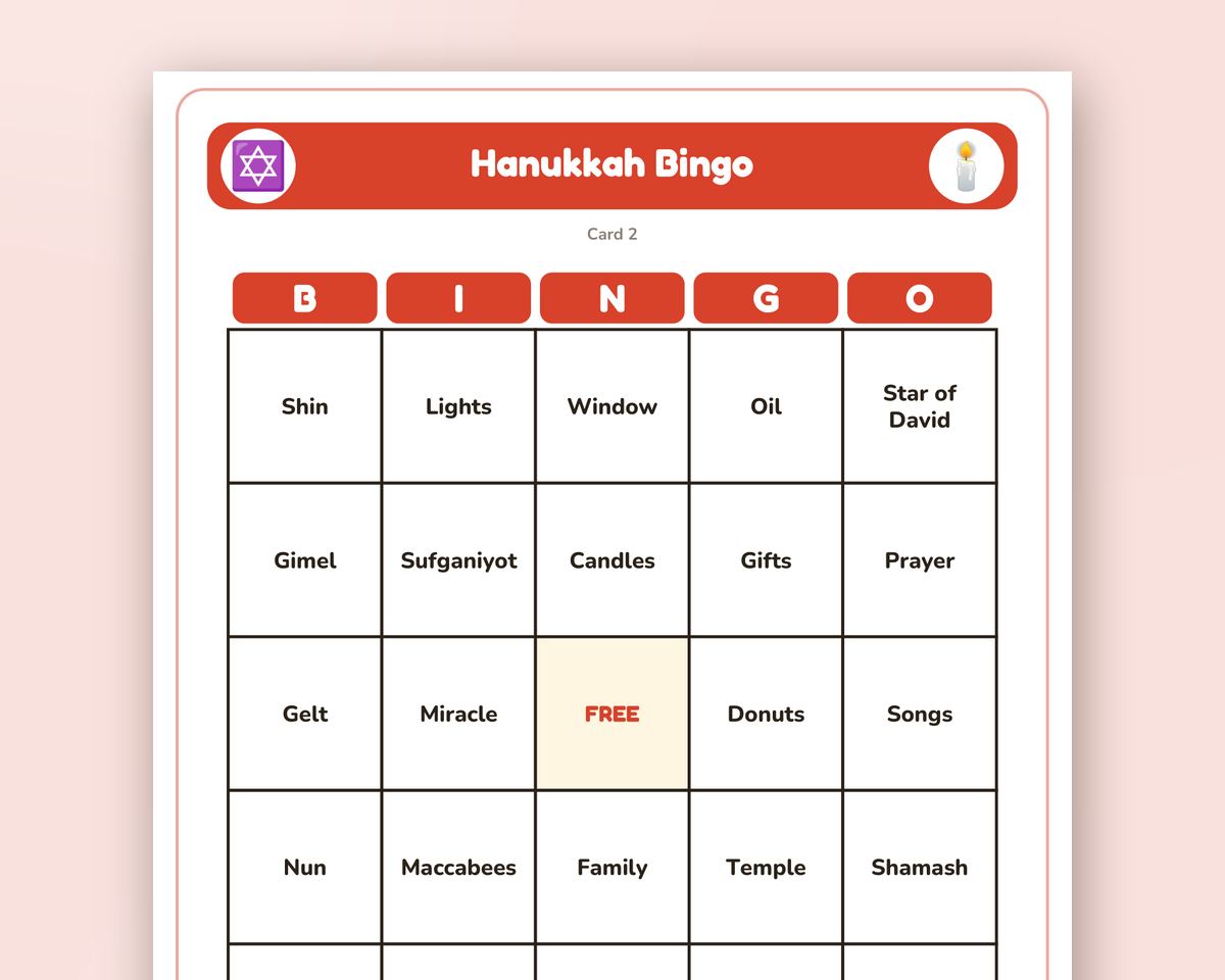Free printable Hanukkah Bingo sample page
