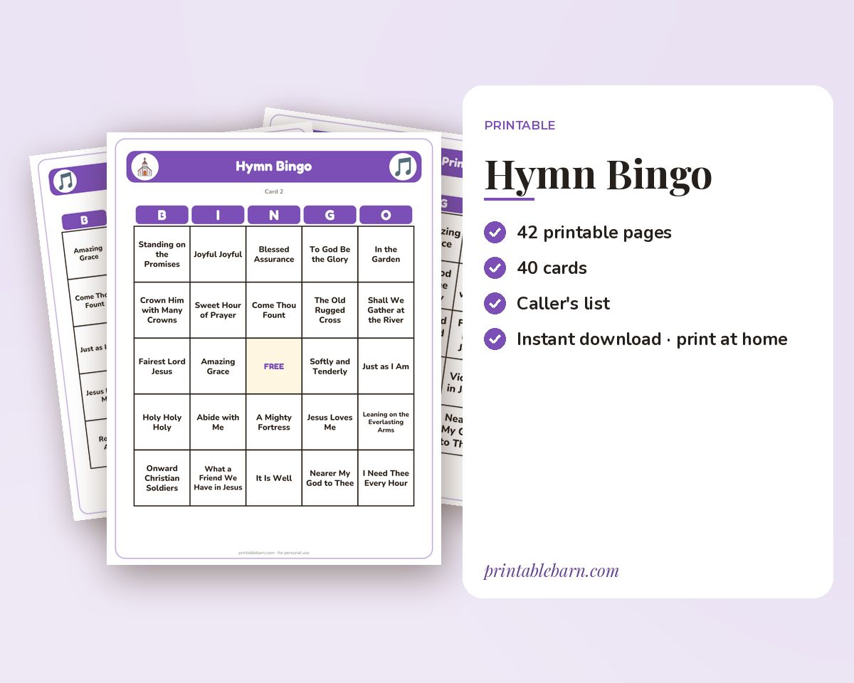 Hymn Bingo: 40 Printable Cards (Regular + Large Print) printable preview 1