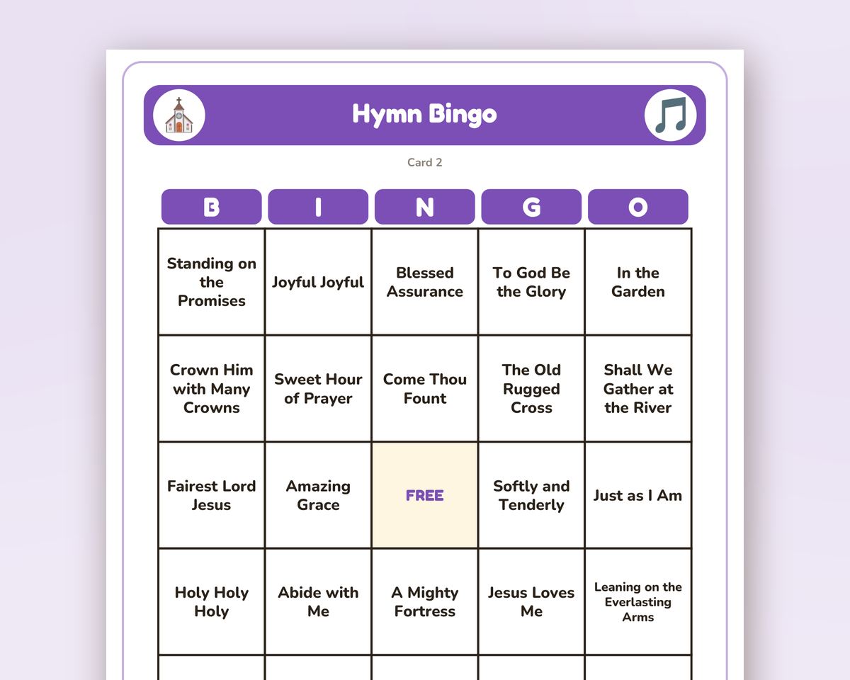 Hymn Bingo: 40 Printable Cards (Regular + Large Print) printable preview 2