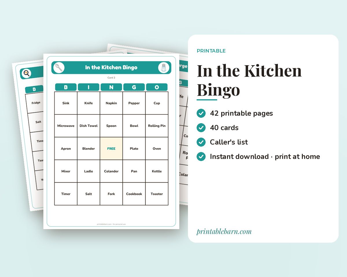 In the Kitchen Bingo: 40 Printable Cards (Regular + Large Print) printable preview 1