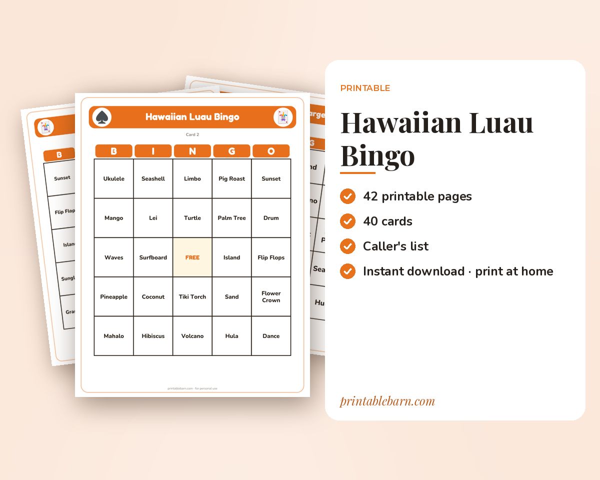 Hawaiian Luau Bingo: 40 Printable Cards (Regular + Large Print) printable preview 1