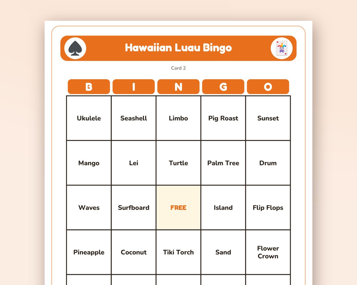 Hawaiian Luau Bingo: 40 Printable Cards (Regular + Large Print) printable preview 2