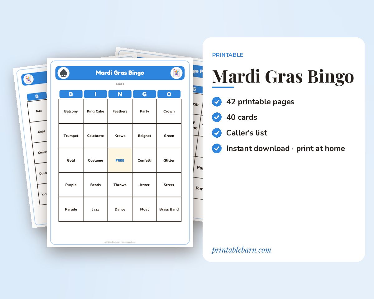 Mardi Gras Bingo: 40 Printable Cards (Regular + Large Print) printable preview 1