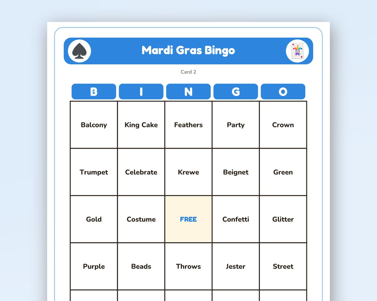 Mardi Gras Bingo: 40 Printable Cards (Regular + Large Print) printable preview 2