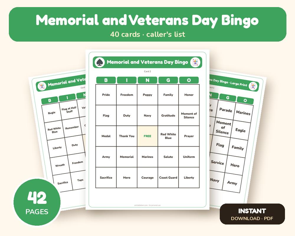 Memorial and Veterans Day Bingo: 40 Printable Cards (Regular + Large Print) printable preview 1