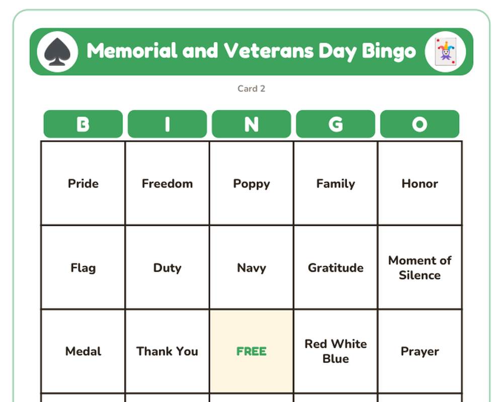 Free printable Memorial and Veterans Day Bingo sample page
