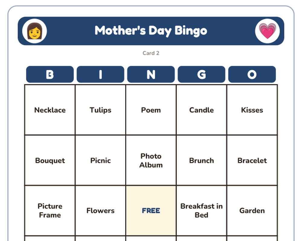 Free printable Mother's Day Bingo sample page