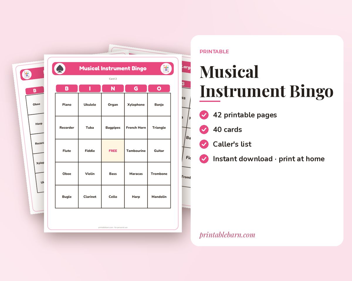 Musical Instrument Bingo: 40 Printable Cards (Regular + Large Print) printable preview 1