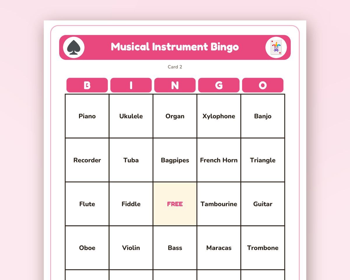 Free printable Musical Instrument Bingo sample page