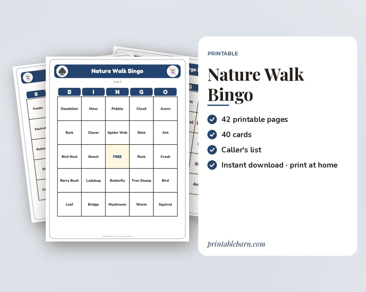 Nature Walk Bingo: 40 Printable Cards (Regular + Large Print)