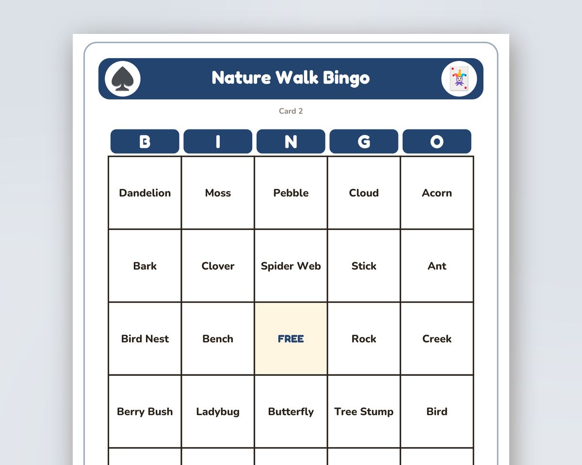 Free printable Nature Walk Bingo sample page