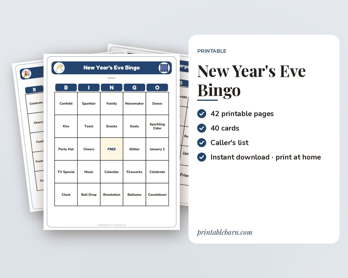 New Year's Eve Bingo: 40 Printable Cards (Regular + Large Print) printable preview 1