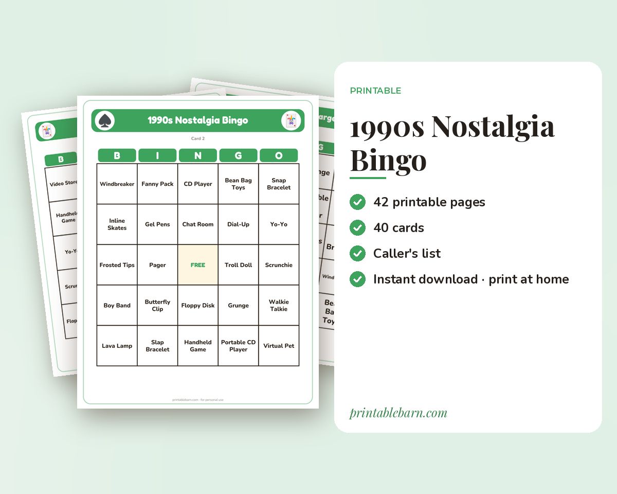 1990s Nostalgia Bingo: 40 Printable Cards (Regular + Large Print) printable preview 1