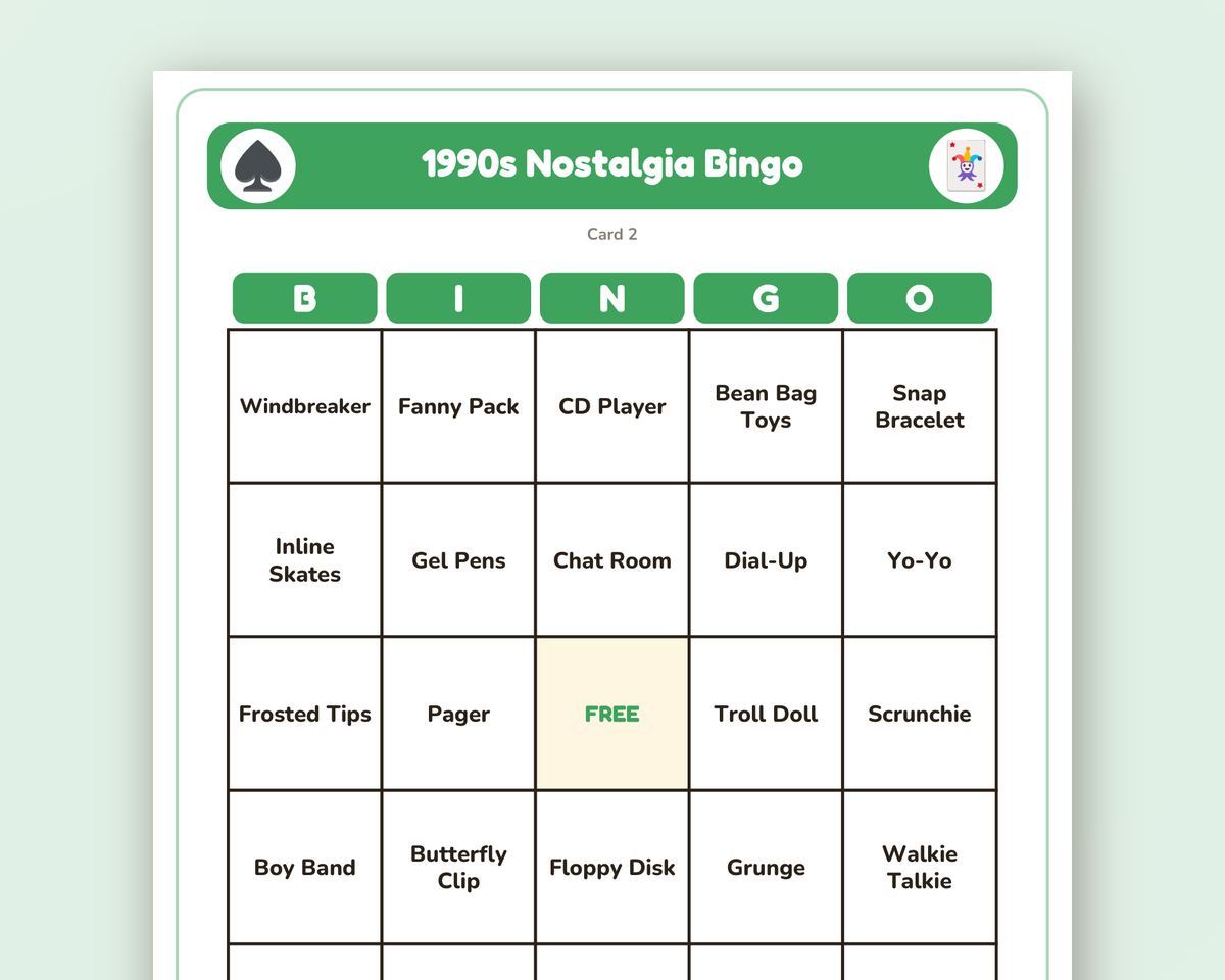 Free printable 1990s Nostalgia Bingo sample page