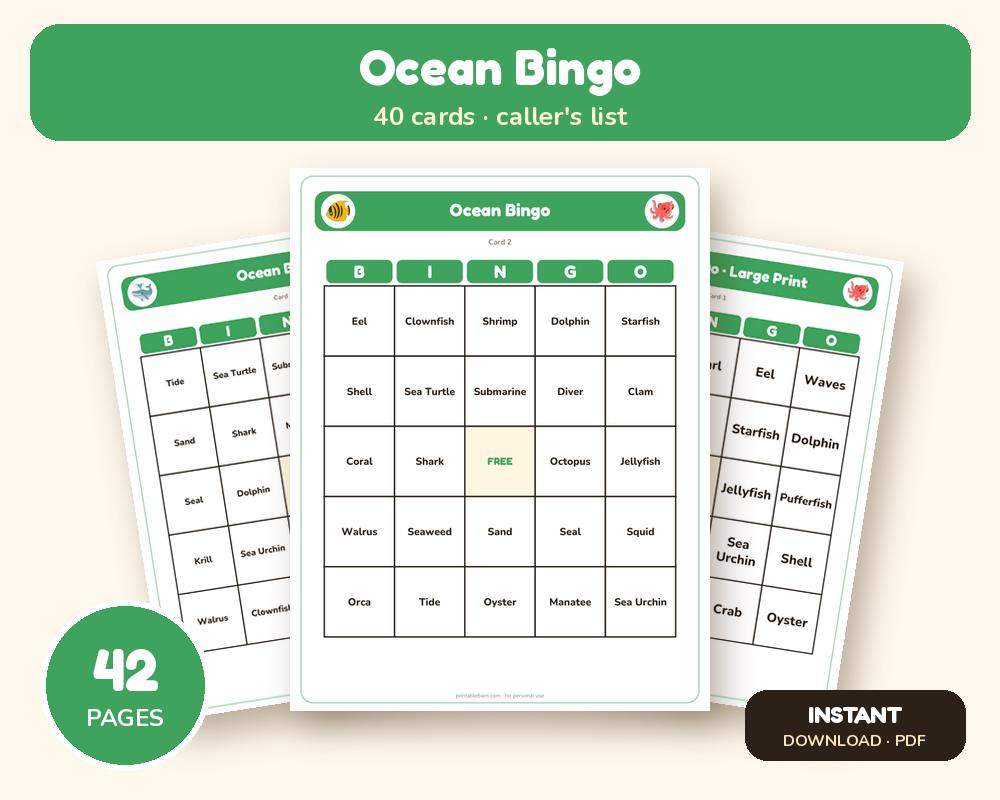 Ocean Bingo: 40 Printable Cards (Regular + Large Print)