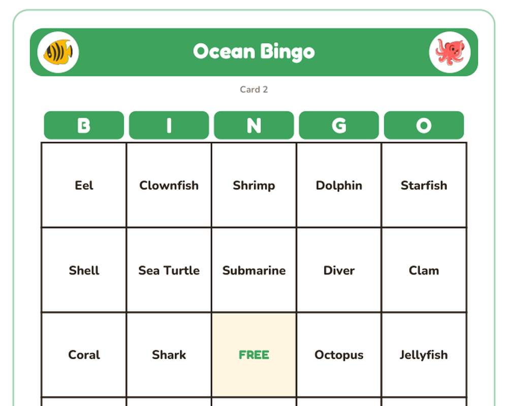Ocean Bingo: 40 Printable Cards (Regular + Large Print) printable preview 2