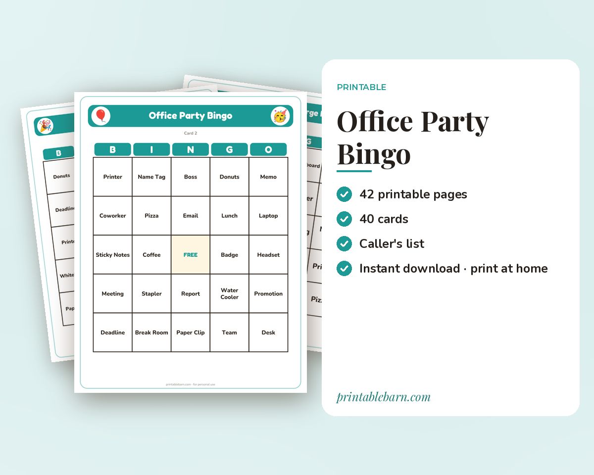 Office Party Bingo: 40 Printable Cards (Regular + Large Print) printable preview 1