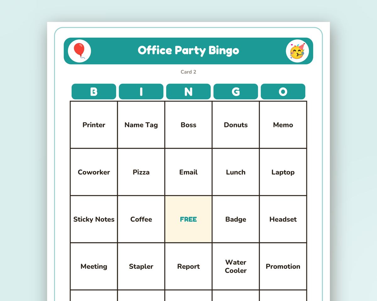 Free printable Office Party Bingo sample page
