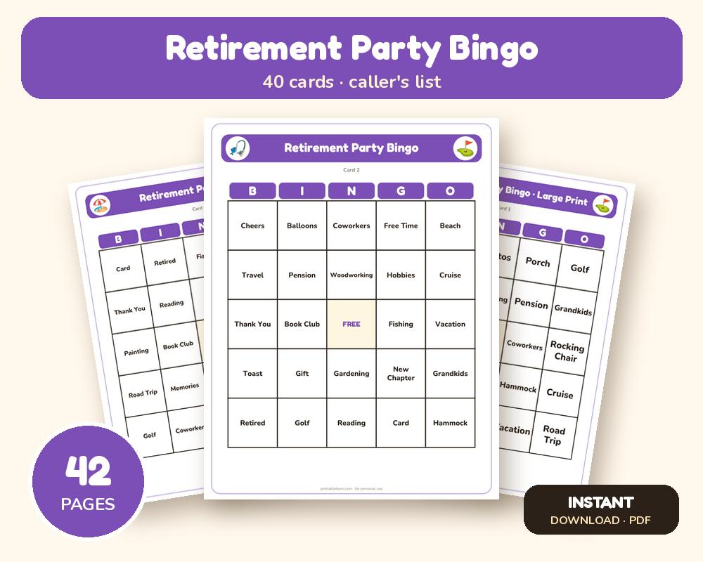 Retirement Party Bingo: 40 Printable Cards (Regular + Large Print) printable preview 1
