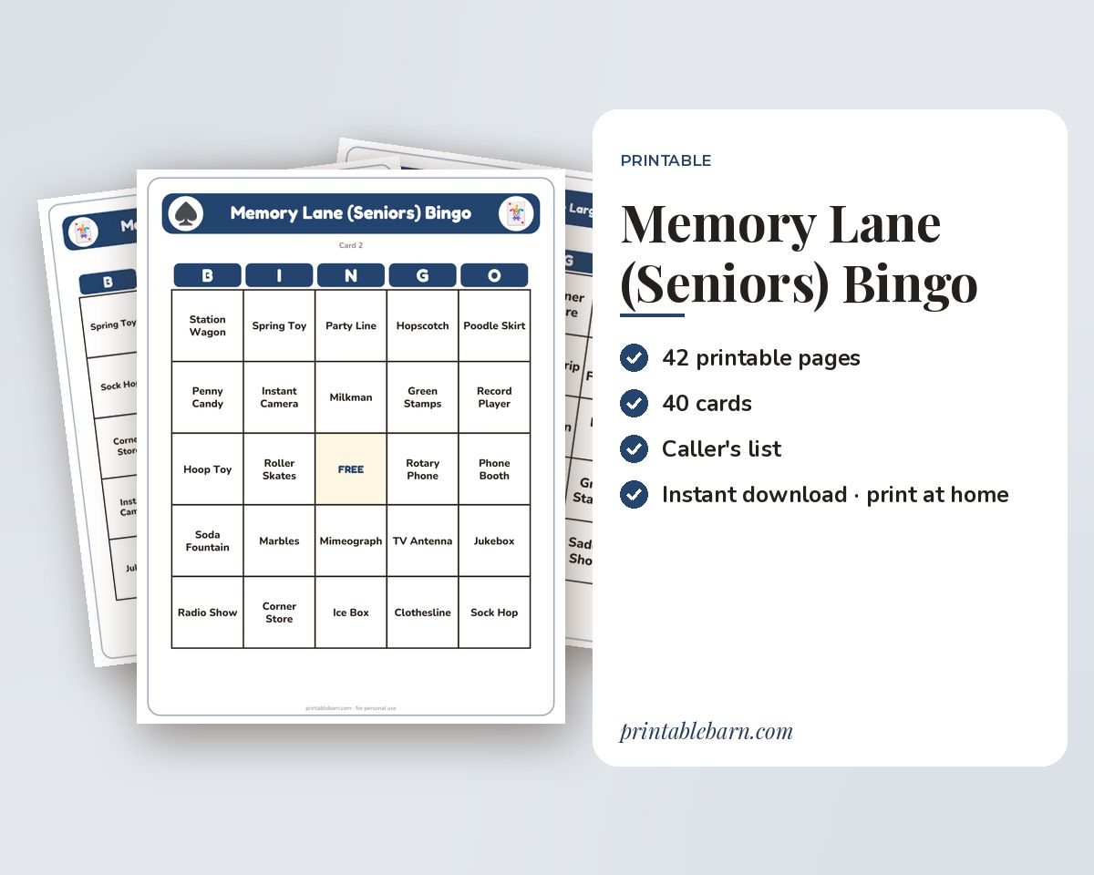 Memory Lane (Seniors) Bingo: 40 Printable Cards (Regular + Large Print) printable preview 1