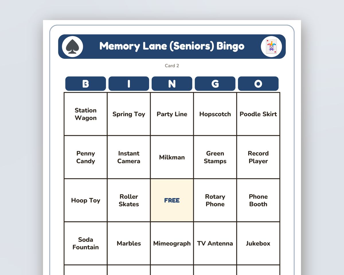 Memory Lane (Seniors) Bingo: 40 Printable Cards (Regular + Large Print) printable preview 2