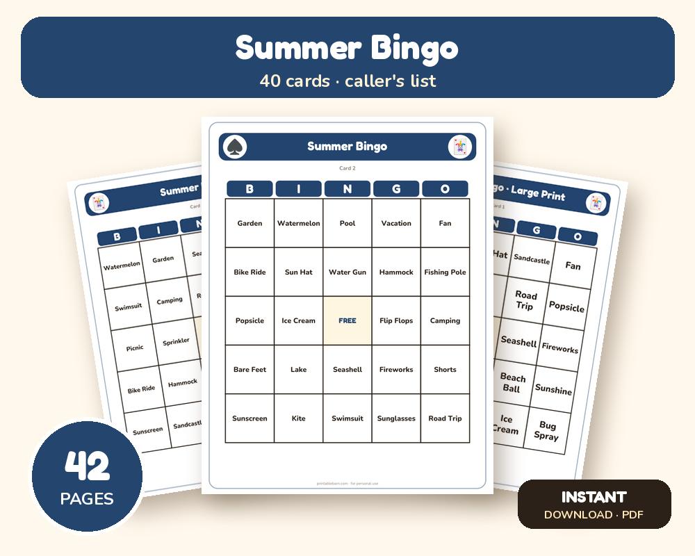 Summer Bingo: 40 Printable Cards (Regular + Large Print)