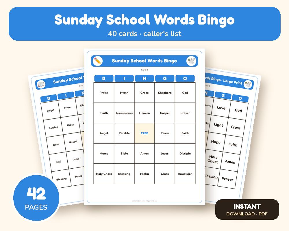 Sunday School Words Bingo: 40 Printable Cards (Regular + Large Print) printable preview 1