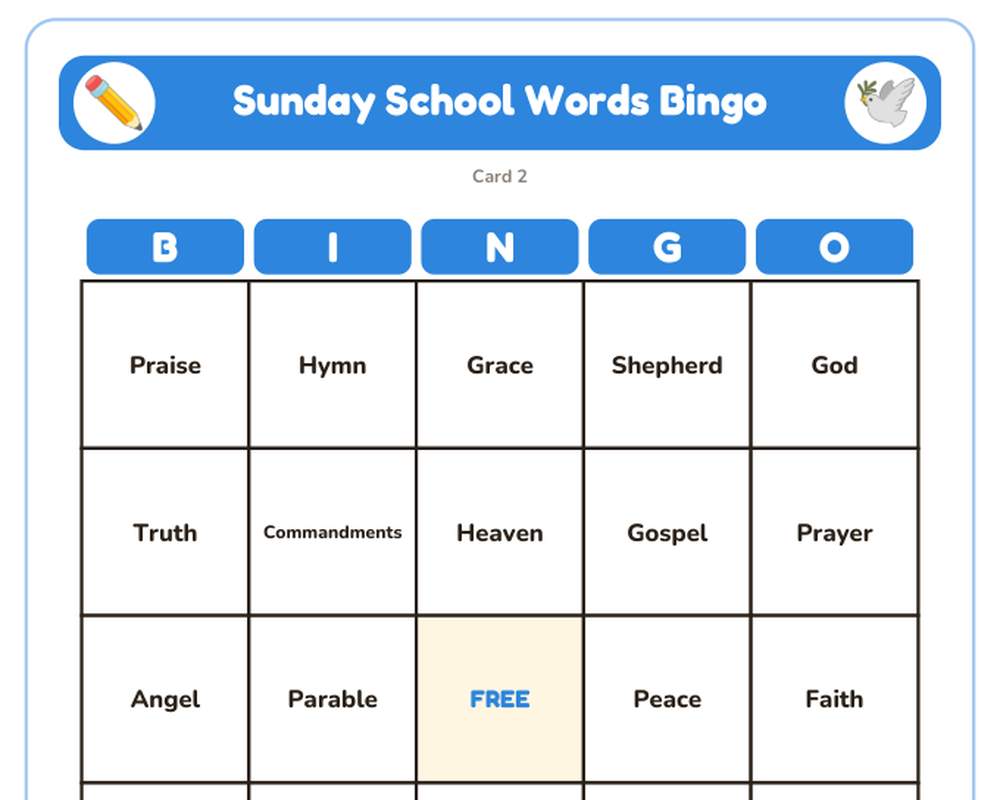 Sunday School Words Bingo: 40 Printable Cards (Regular + Large Print) printable preview 2