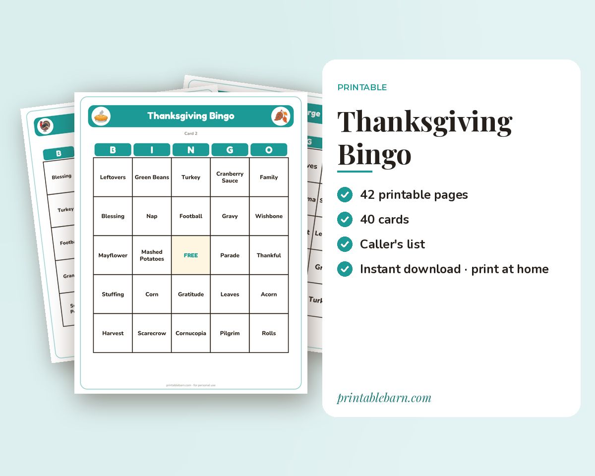 Thanksgiving Bingo: 40 Printable Cards (Regular + Large Print) printable preview 1