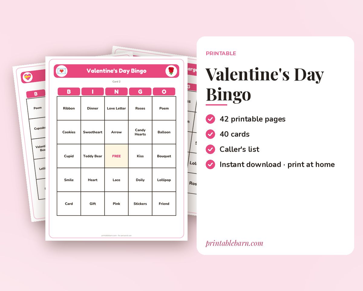 Valentine's Day Bingo: 40 Printable Cards (Regular + Large Print) printable preview 1