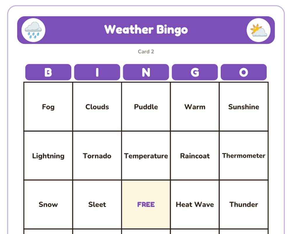 Weather Bingo: 40 Printable Cards (Regular + Large Print) printable preview 2