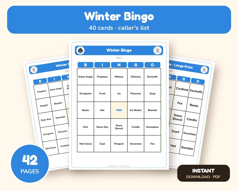 Winter Bingo: 40 Printable Cards (Regular + Large Print)