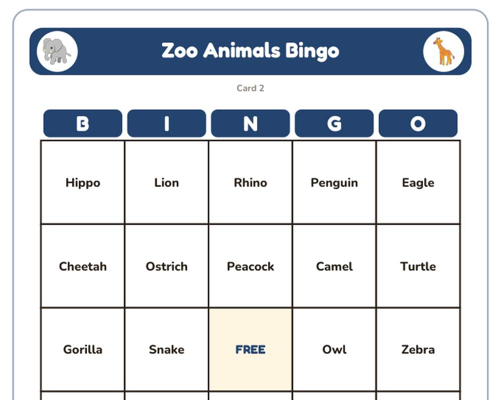 Zoo Animals Bingo: 40 Printable Cards (Regular + Large Print) printable preview 2