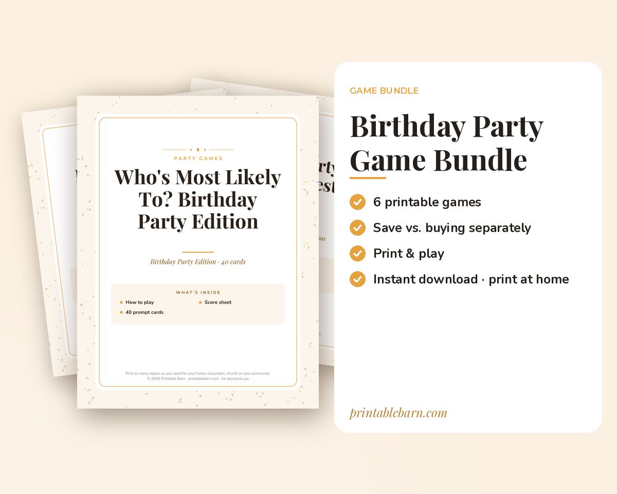 Birthday Party Games Bundle: 6 Printable Party Games (Would You Rather, Most Likely To, Find the Guest & More) printable preview 1