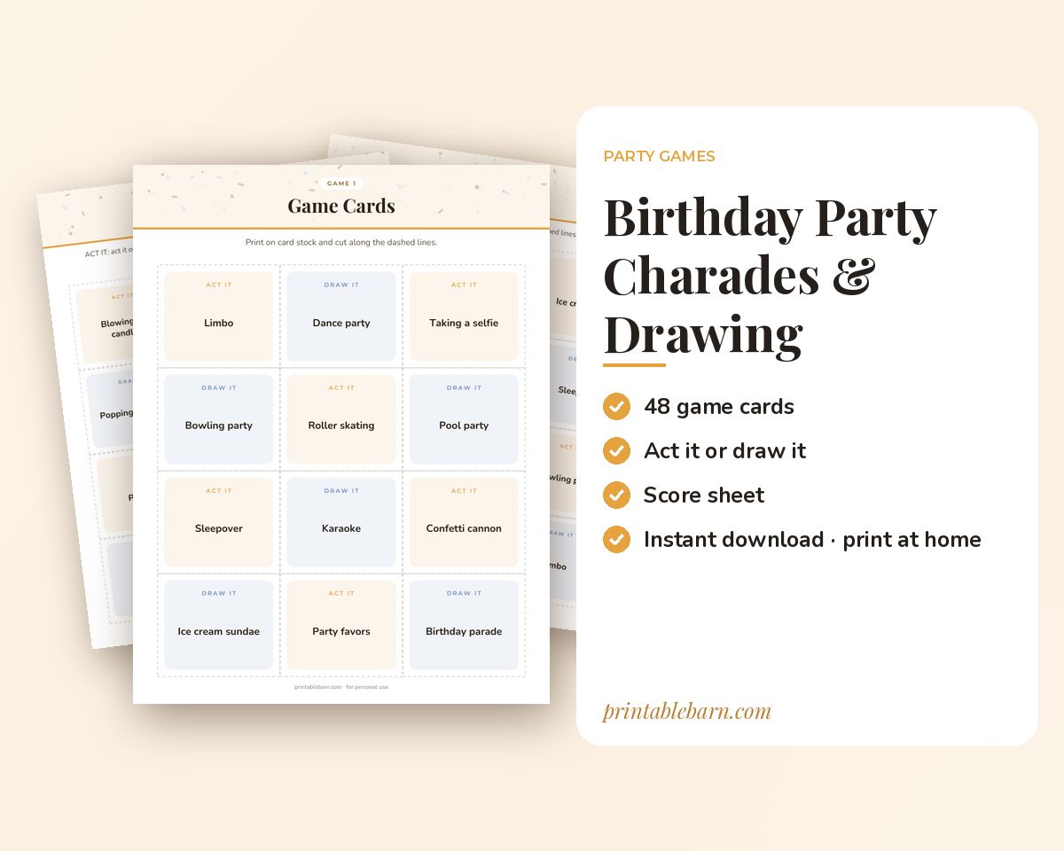 Birthday Party Charades & Drawing Game: 48 Printable Act It / Draw It Cards printable preview 1