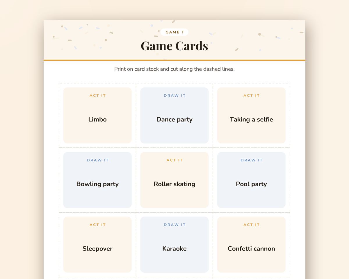 Birthday Party Charades & Drawing Game: 48 Printable Act It / Draw It Cards printable preview 2