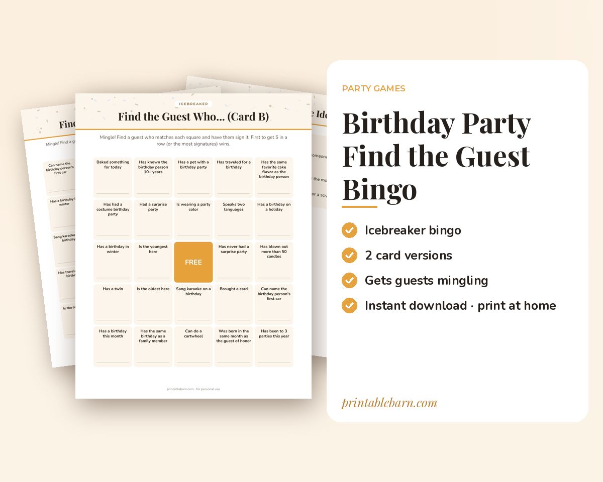 Birthday Party Find the Guest Bingo: Printable Icebreaker Game (2 Card Versions) printable preview 1