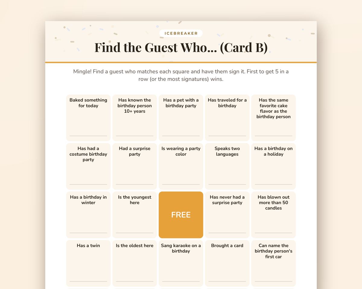 Free printable Birthday Party Find the Guest Bingo sample page