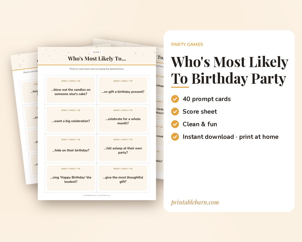 Who's Most Likely To: Birthday Party Edition, 40 Printable Game Cards printable preview 1