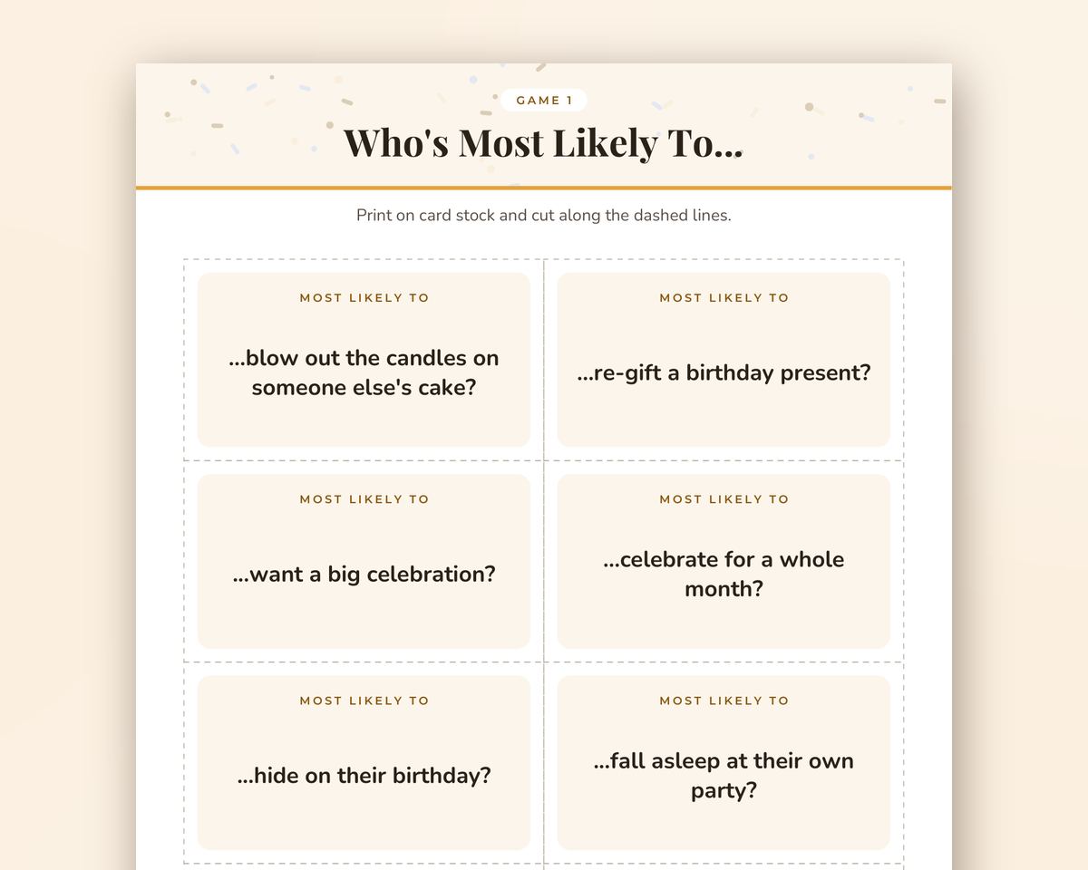 Who's Most Likely To: Birthday Party Edition, 40 Printable Game Cards printable preview 2