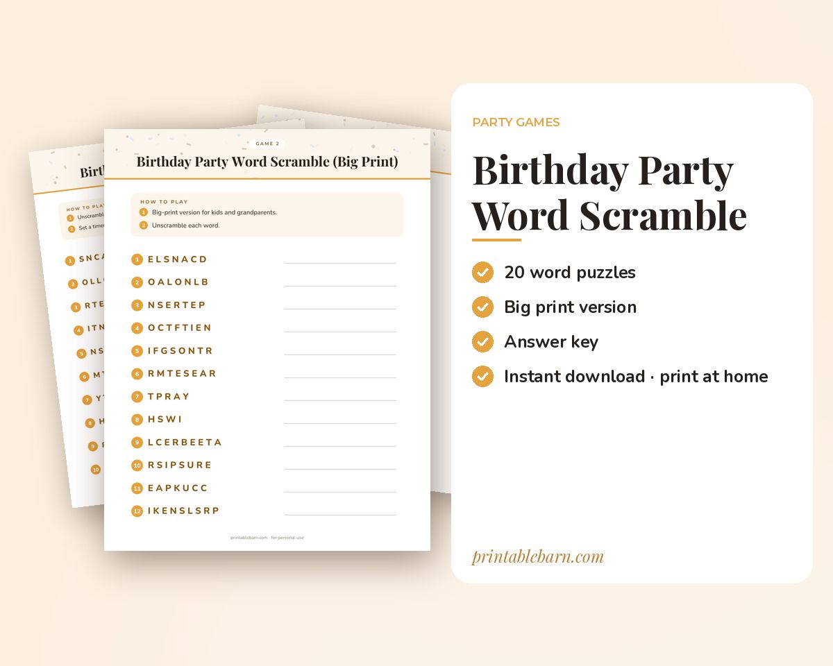 Birthday Party Word Scramble Game: 20 Printable Word Puzzles with Answer Key printable preview 1