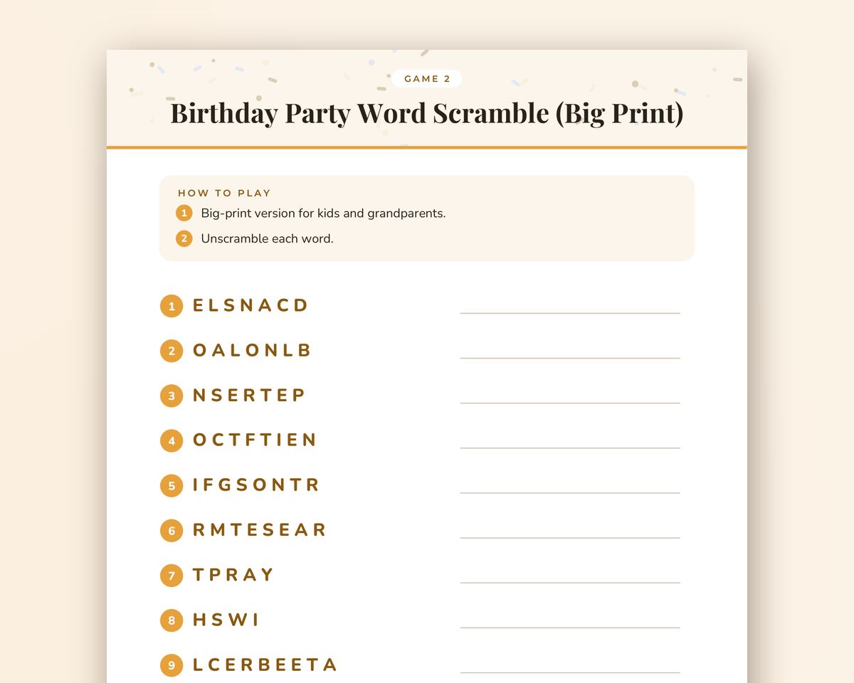Birthday Party Word Scramble Game: 20 Printable Word Puzzles with Answer Key printable preview 2