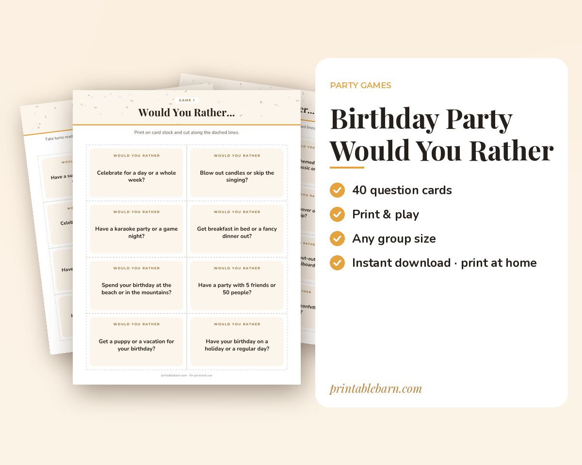 Birthday Party Would You Rather Game: 40 Printable Question Cards printable preview 1