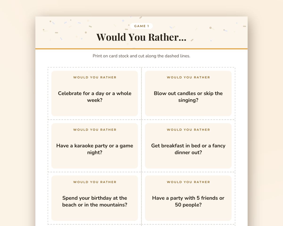 Free printable Birthday Party Would You Rather Game sample page