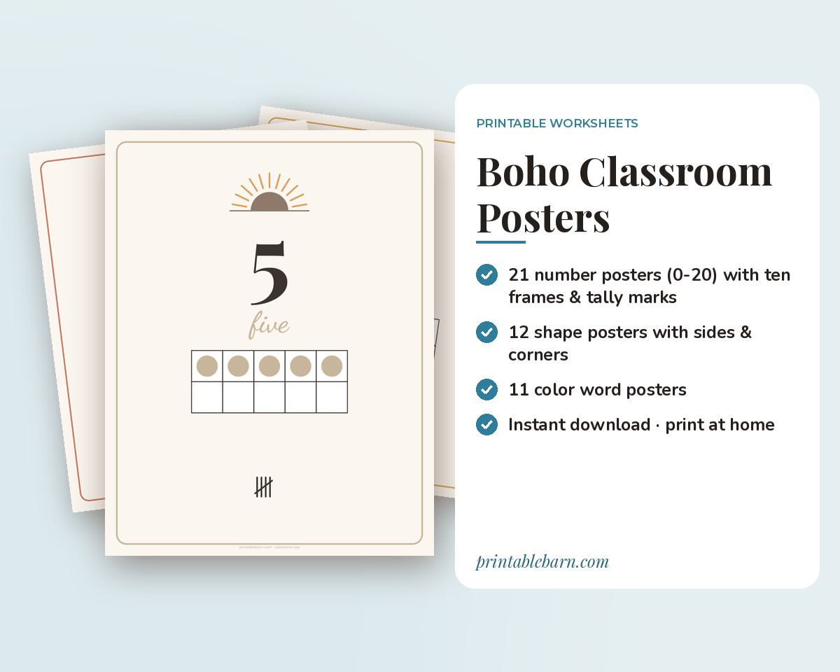 Boho Classroom Posters: Numbers 0-20 with Ten Frames, Shapes & Color Words (44 Posters) printable preview 1