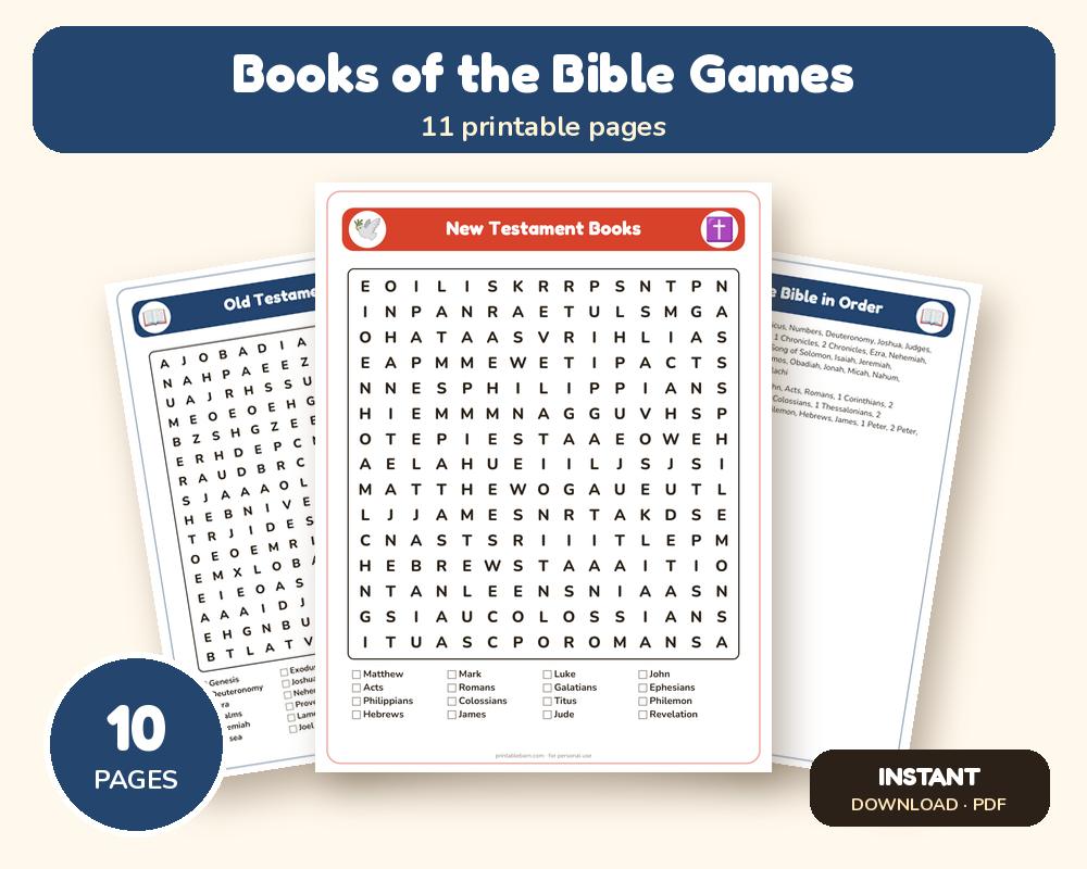 Books of the Bible Printable Games: Word Searches, Scramble & Order Practice