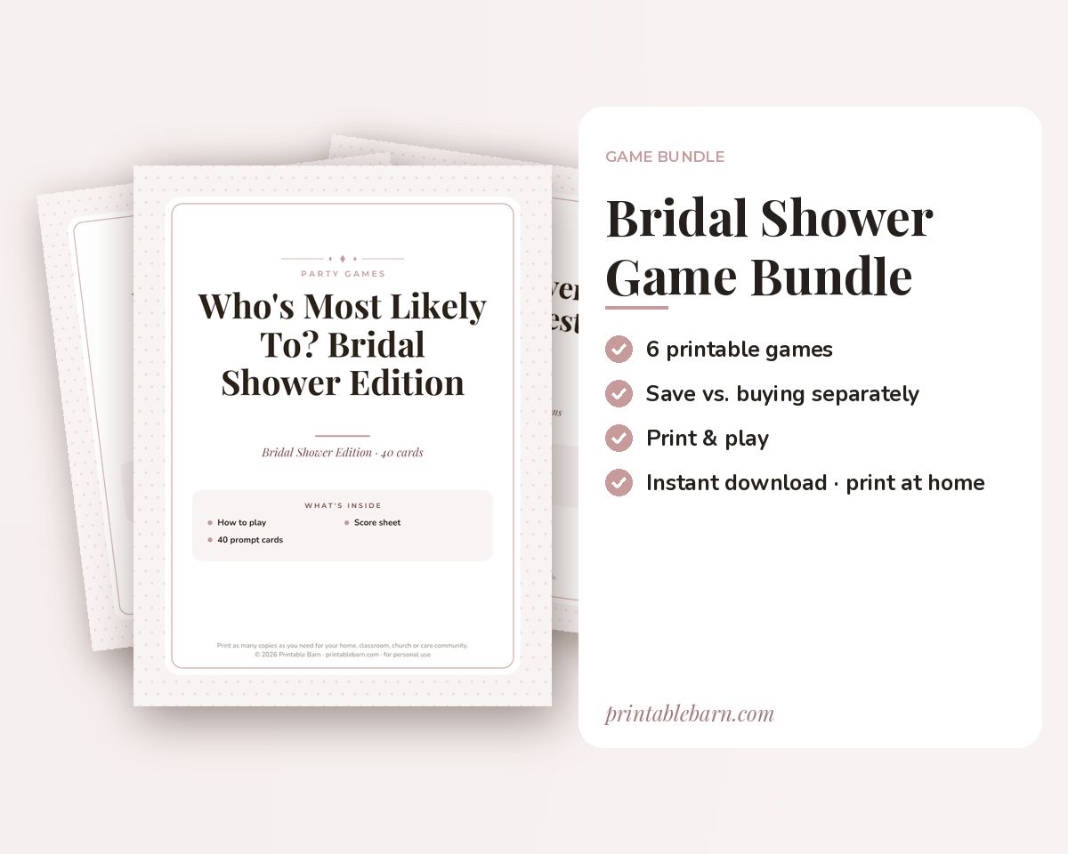 Bridal Shower Games Bundle: 6 Printable Party Games (Would You Rather, Most Likely To, Find the Guest & More) printable preview 1