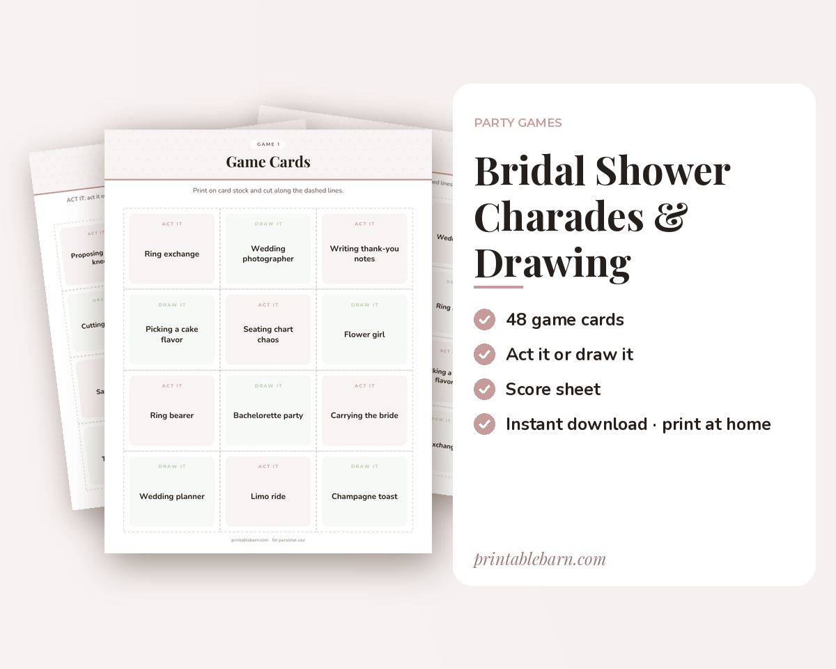 Bridal Shower Charades & Drawing Game: 48 Printable Act It / Draw It Cards printable preview 1